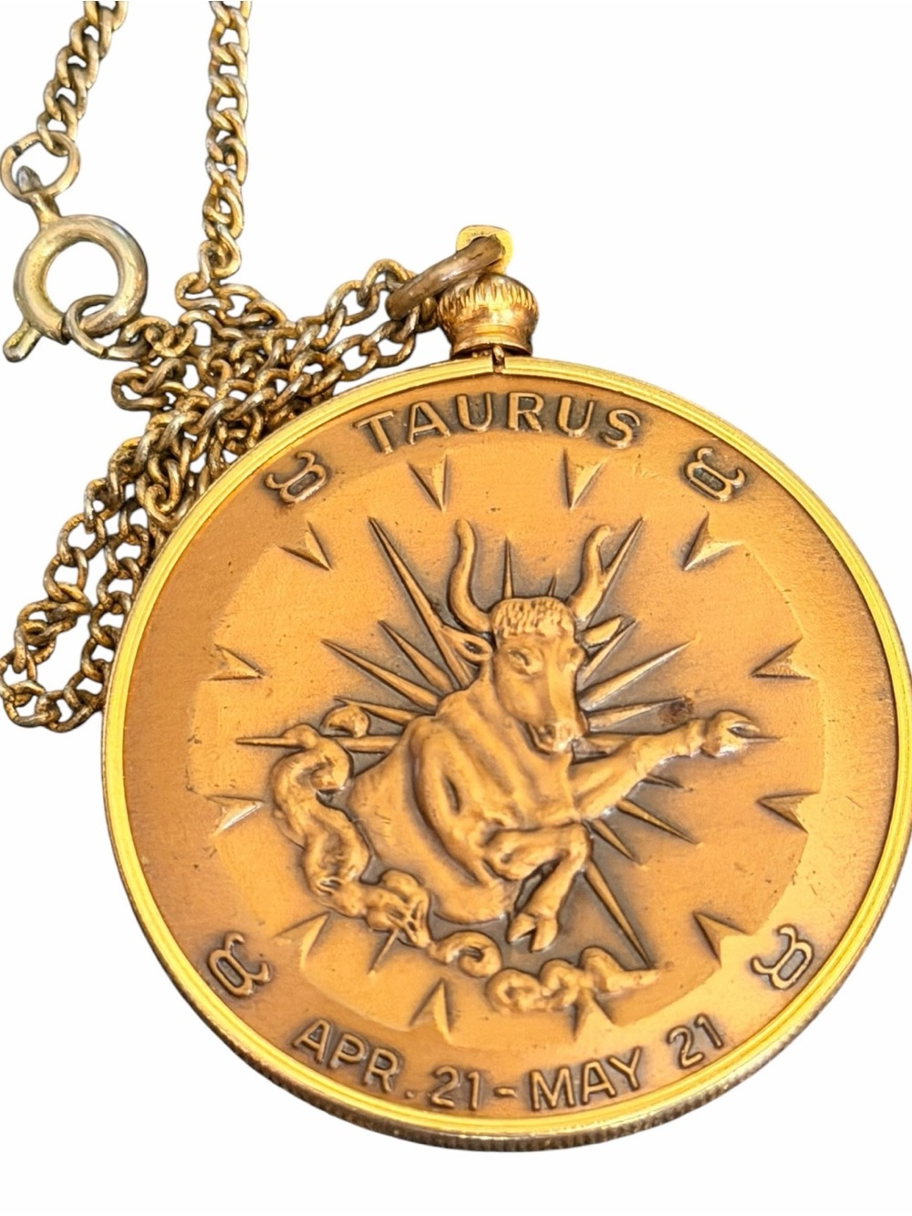 Vintage Taurus Zodiac Medallion Necklace Gold Tone Astrology Statement Pendant